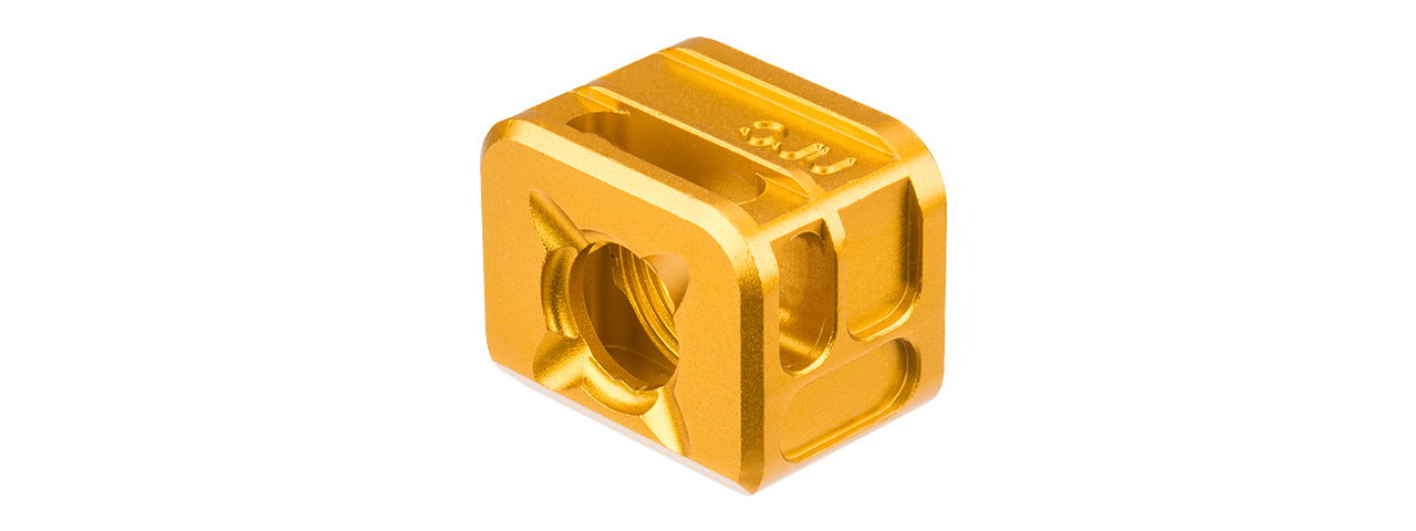 ATLAS CUSTOM WORKS [14MM] CCW AIRSOFT X-OUT "S" COMPENSATOR FOR G SERIES GBB PISTOLS (GOLD) - Click Image to Close