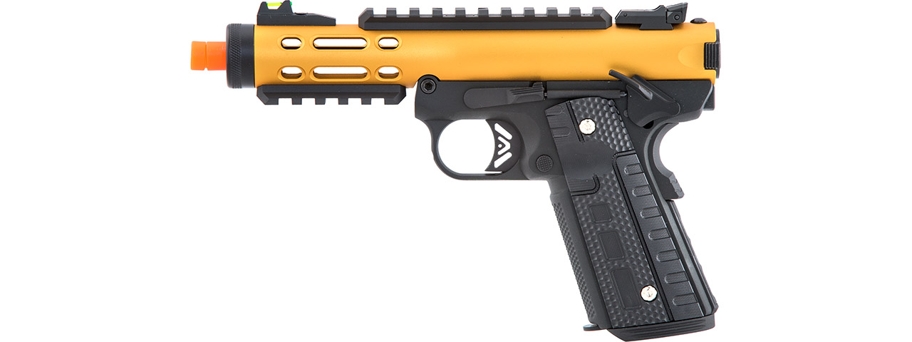 WE-Tech Galaxy 1911 Gas Blowback Airsoft Pistol (Color: Gold Slide w/ Black Lower) - Click Image to Close