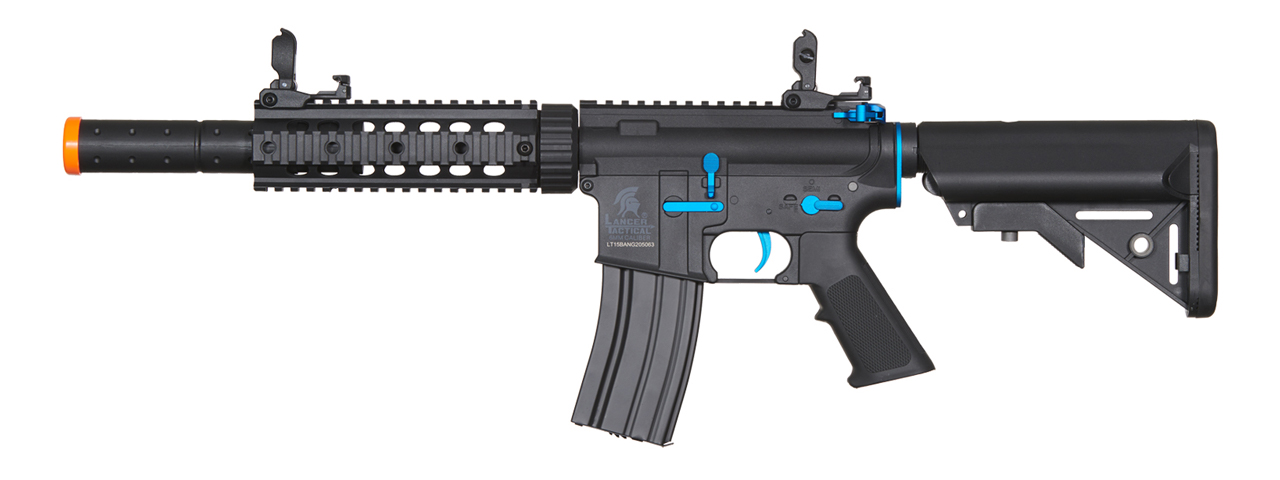 Lancer Tactical Gen 2 M4 SD Carbine Airsoft AEG Rifle with Mock Suppressor (Color: Black / Blue) - Click Image to Close