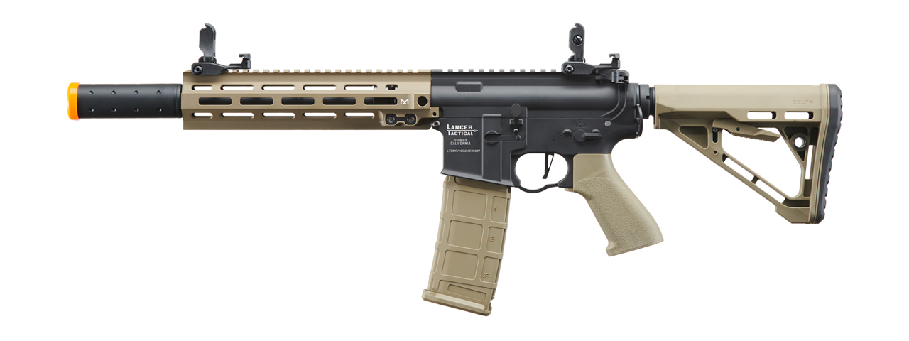 Lancer Tactical Blazer 10" M-LOK Proline Series M4 Airsoft Rifle with Delta Stock & Mock Suppressor (Color: Two-Tone) - Click Image to Close