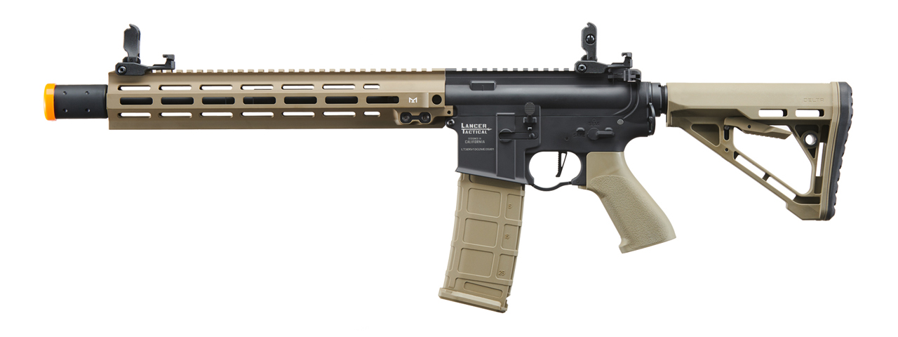 Lancer Tactical Blazer 13" M-LOK Proline Series M4 Airsoft Rifle with Delta Stock & Mock Suppressor (Color: Two-Tone) - Click Image to Close