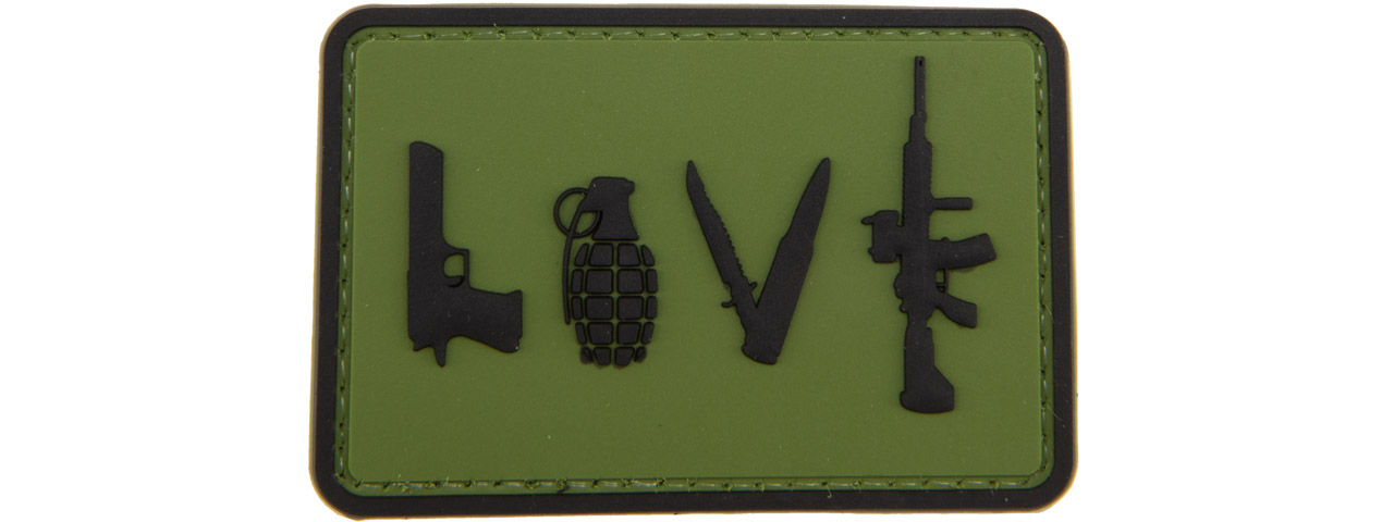 Love-Pistol, Grenade, Knife, Rifle" PVC Patch (Color: OD Green) - Click Image to Close