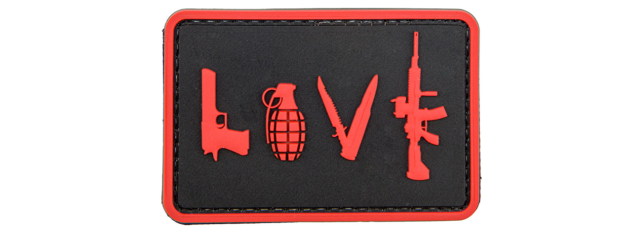 Love-Pistol, Grenade, Knife, Rifle" PVC Patch (Color: Red) - Click Image to Close