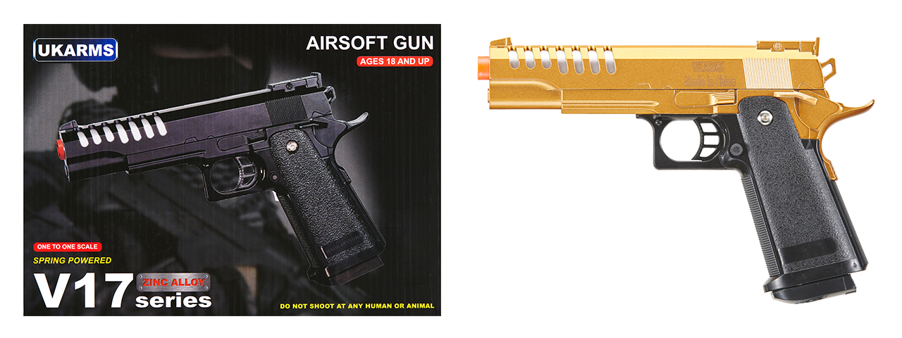 UK Arms 2011 Alloy Series Spring Airsoft Pistol w/ Wavey Stippling (Color: Gold) - Click Image to Close