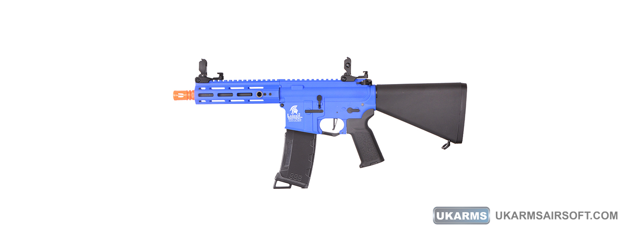 Lancer Tactical Gen 3 Hellion 7" M-LOK Airsoft AEG Rifle w/ Stubby Stock (Color: Blue) - Click Image to Close