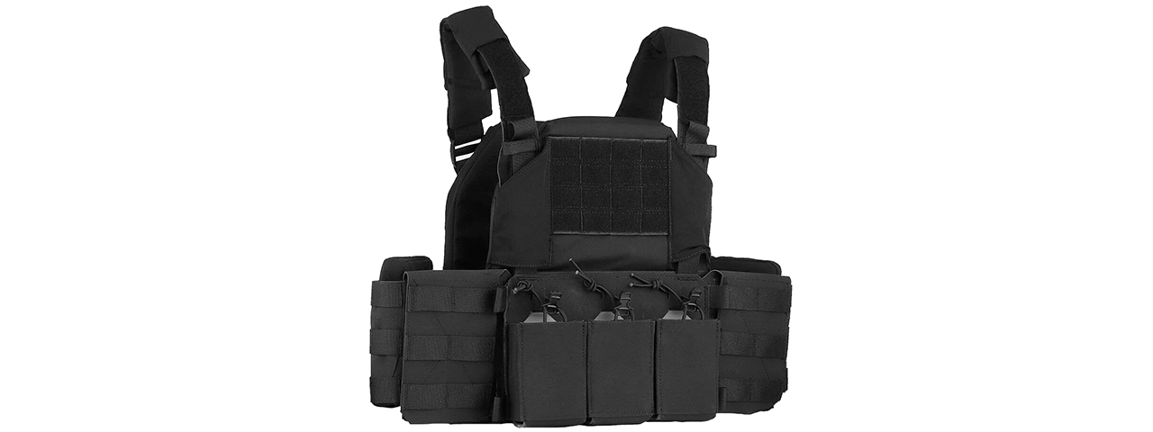 Tactical Chest Plate Carrier with Triple MOLLE Magazine Hunting Vest Front and Airsoft Gear Back Bag - (Black) - Click Image to Close