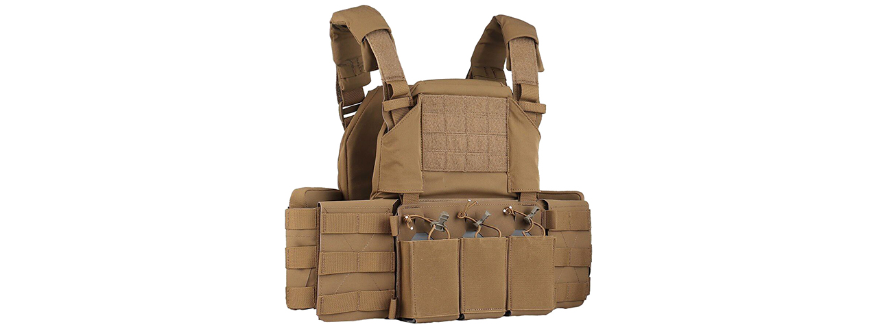 Tactical Chest Plate Carrier with Triple MOLLE Magazine Hunting Vest Front and Airsoft Gear Back Bag - (Tan) - Click Image to Close