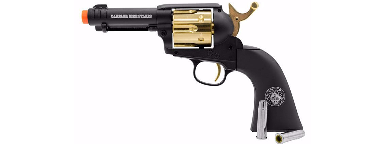 Umarex Legends Gambler High Stakes Limited Edition CO2 Powered Airsoft Single Action Revolver - (Black/Gold) - Click Image to Close