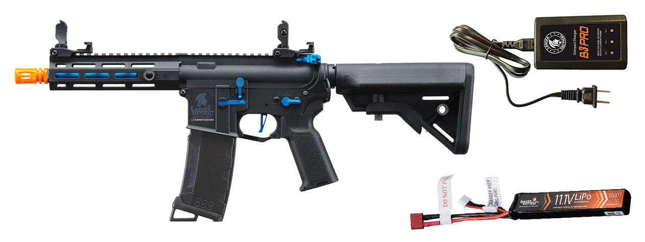 Lancer Tactical Gen 3 Hellion 7" M-LOK Airsoft AEG Rifle w/ Crane Stock w/ Battery/Charger Bundle - (Black/Blue) - Click Image to Close