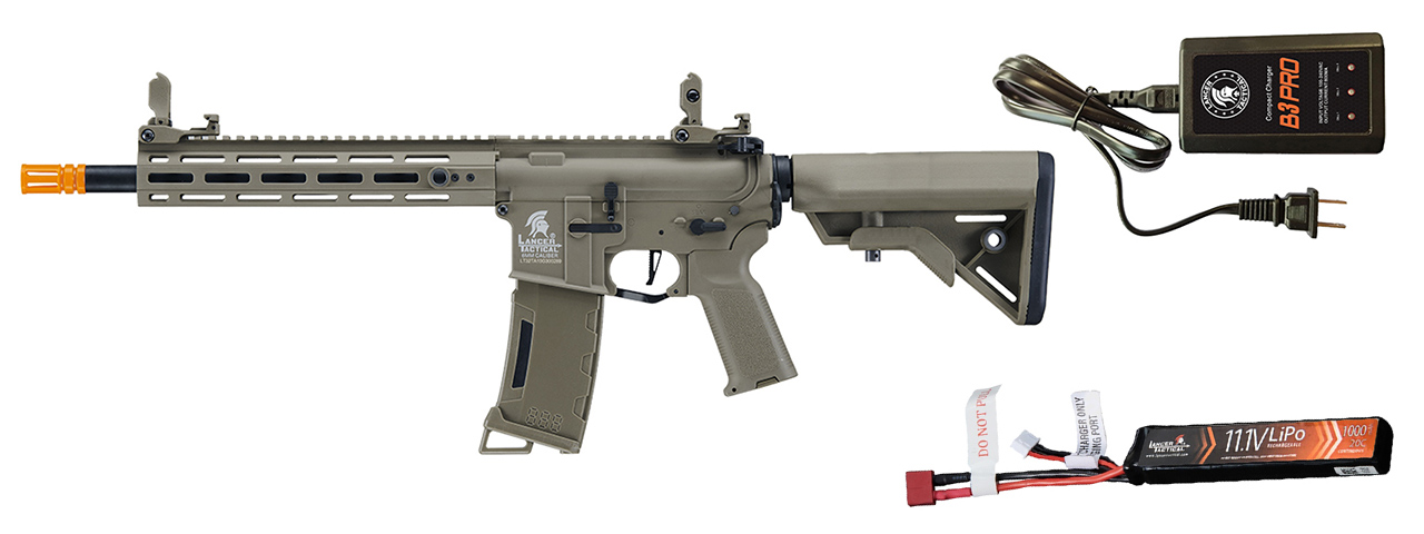 Lancer Tactical Gen 3 Hellion M-LOK 10" Airsoft M4 AEG w/ Battery/Charger Bundle - (Tan) - Click Image to Close