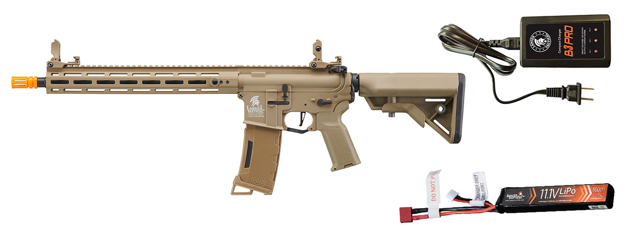 Lancer Tactical Gen 3 Hellion M-LOK 13" Airsoft M4 AEG w/ Battery/Charger Bundle - (Tan) - Click Image to Close