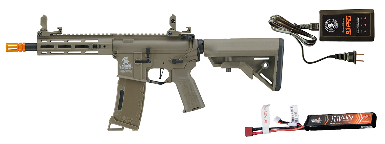 Lancer Tactical Gen 3 Hellion M-LOK 7" Airsoft M4 AEG w/ Battery/Charger Bundle - (Tan) - Click Image to Close