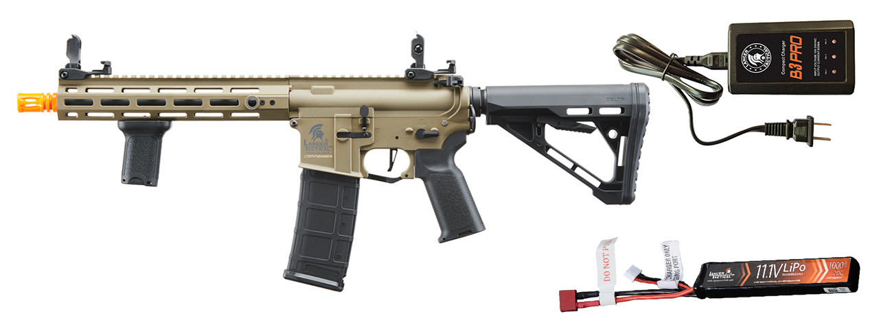 Lancer Tactical Gen 3 Hellion M-LOK 10" Airsoft M4 AEG with Delta Stock w/ Battery/Charger Bundle - (Tan) - Click Image to Close