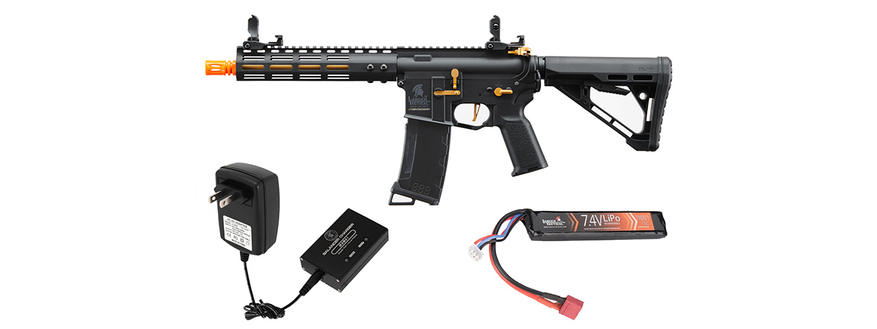 Lancer Tactical Gen 3 Archon 9" M-LOK M4 Airsoft Rifle w/ Delta Stock w/ Battery/Charger Bundle - (Black/Gold) - Click Image to Close