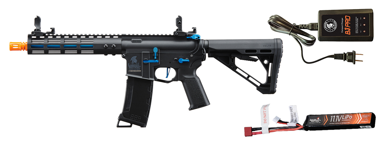 Lancer Tactical Gen 3 Archon 9" M-LOK M4 Airsoft Rifle w/ Delta Stock w/ Battery/Charger Bundle - (Black/Blue) - Click Image to Close