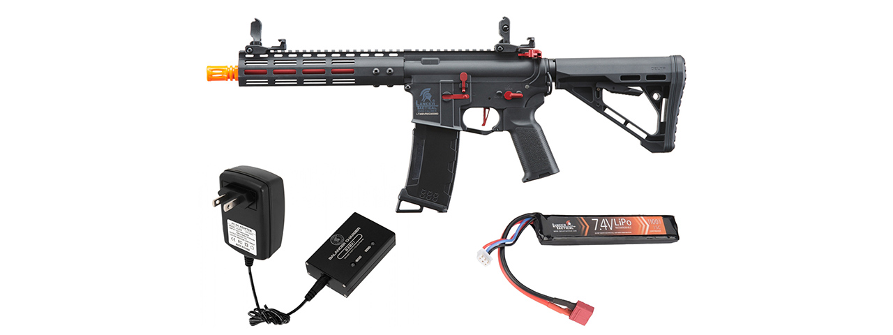 Lancer Tactical Gen 3 Archon 9" M-LOK M4 Airsoft Rifle w/ Delta Stock w/ Battery/Charger Bundle - (Black/Red) - Click Image to Close