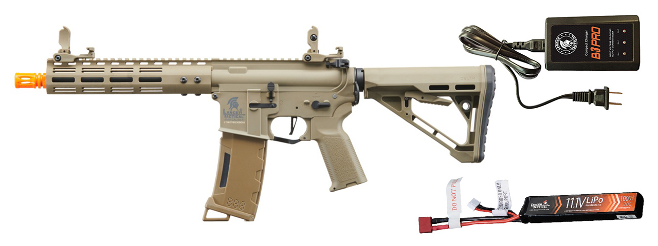 Lancer Tactical Gen 3 Archon 9" M-LOK M4 Airsoft Rifle w/ Delta Stock w/ Battery/Charger Bundle - (Tan) - Click Image to Close