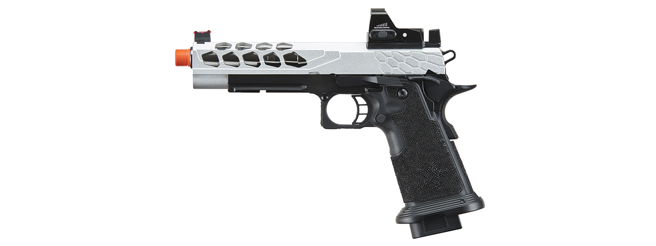 Lancer Tactical Stryk Hi-Capa 5.1 Gas Blowback Airsoft Pistol w/ Micro Red Dot Sight - (Black & Silver) - Click Image to Close