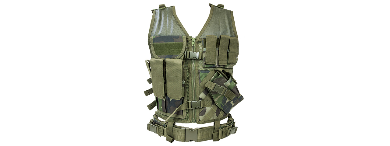 NcStar Military Cross Draw Vest w/ Integrated Holster - (Woodland Camo/XL-2XL) - Click Image to Close