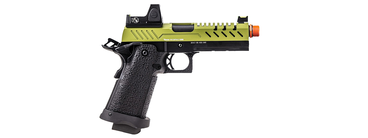 Vorsk Hi-Capa 4.3 GBB Pistol w/ Red Dot Sight - (Black/Green) - Click Image to Close