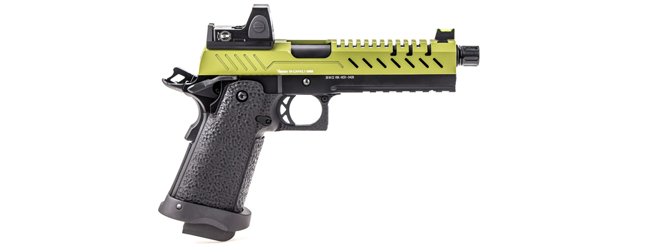 Vorsk Hi-Capa 5.1 GBB Pistol w/ Red Dot Sight - (Black/Green) - Click Image to Close