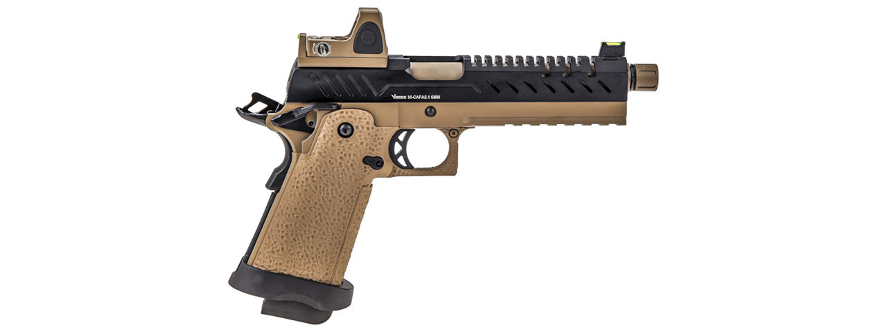 Vorsk Hi-Capa 5.1 GBB Pistol w/ Red Dot Sight - (Tan/Black) - Click Image to Close