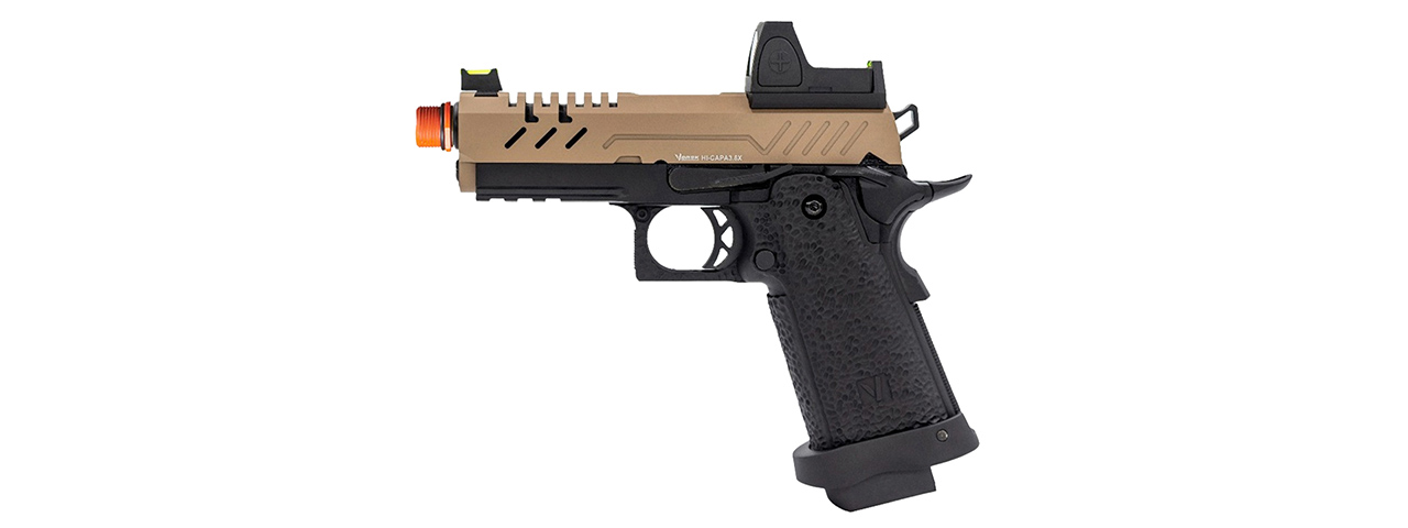 Vorsk Hi-Capa 3.8 Pro GBB Pistol w/ Red Dot Sight - (Tan/Black) - Click Image to Close