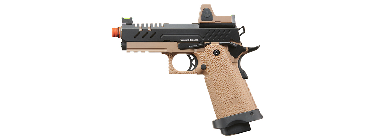 Vorsk Hi-Capa 3.8 Pro GBB Pistol w/ Red Dot Sight - (Black/Tan) - Click Image to Close