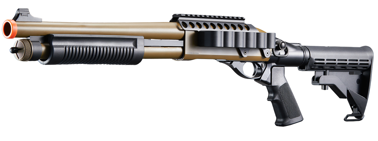 Golden Eagle M8873 3/6-Shot Pump Action Gas Airsoft Shotgun w/ Optic Rail & M4 Crane Stock - (Tan) - Click Image to Close