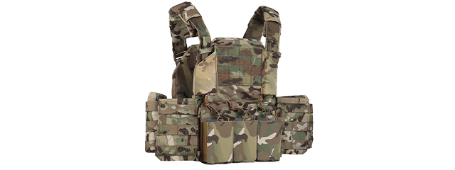 Tactical Chest Plate Carrier with Triple MOLLE Magazine Hunting Vest Front and Airsoft Gear Back Bag - (Camo)