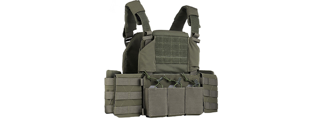 Tactical Chest Plate Carrier with Triple MOLLE Magazine Hunting Vest Front and Airsoft Gear Back Bag - (OD Green)