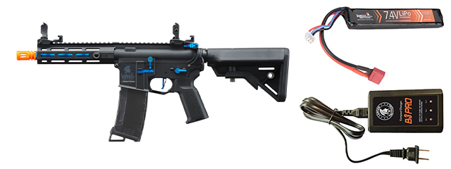 Lancer Tactical Gen 3 Hellion 7" M-LOK Airsoft AEG Rifle w/ Crane Stock w/ Battery/Charger Bundle - (Black/Blue)