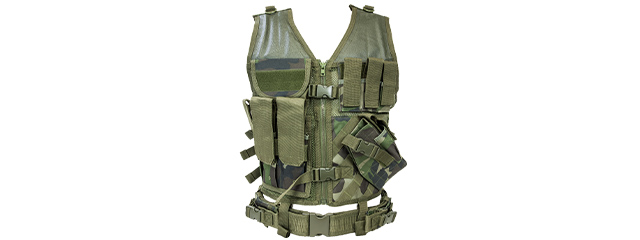 NcStar Military Cross Draw Vest w/ Integrated Holster - (Woodland Camo/XL-2XL)