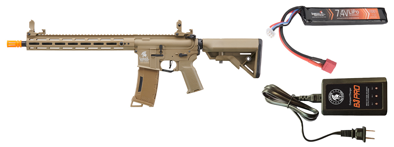 Lancer Tactical Gen 3 Hellion M-LOK 13" Airsoft M4 AEG w/ Battery/Charger Bundle - (Tan)