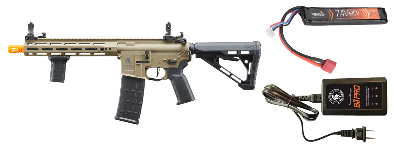 Lancer Tactical Gen 3 Hellion M-LOK 10" Airsoft M4 AEG with Delta Stock w/ Battery/Charger Bundle - (Tan)