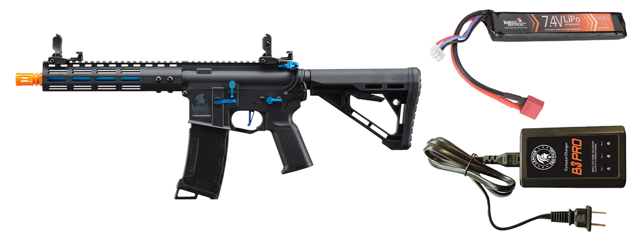 Lancer Tactical Gen 3 Archon 9" M-LOK M4 Airsoft Rifle w/ Delta Stock w/ Battery/Charger Bundle - (Black/Blue)