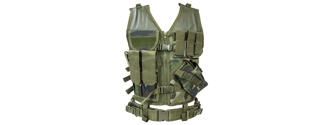 NcStar Military Cross Draw Vest w/ Integrated Holster - (Woodland Camo/XL-2XL)
