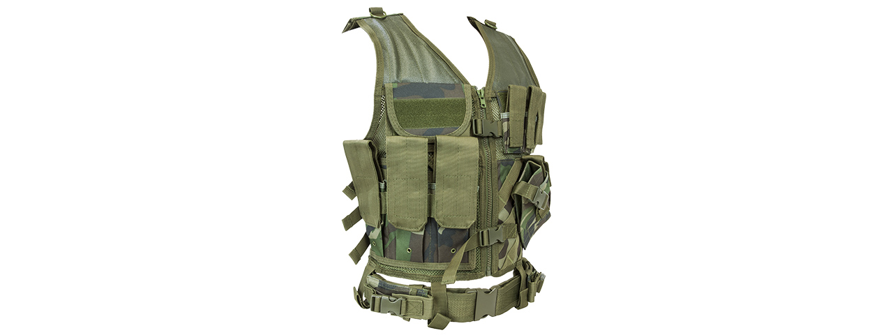 NcStar Military Cross Draw Vest w/ Integrated Holster - (Woodland Camo/XL-2XL)